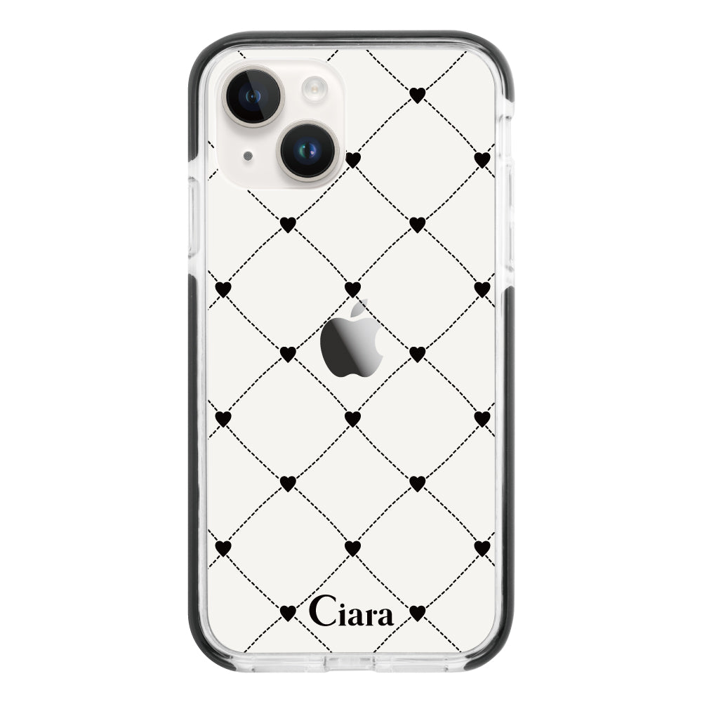 iPhone14ケース クッションバンパー 耐衝撃クリアケース ハートキルティング ブラック