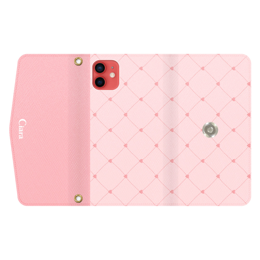 iPhone11ケース 手帳型カード収納レザーケース ハートキルティング ピンク