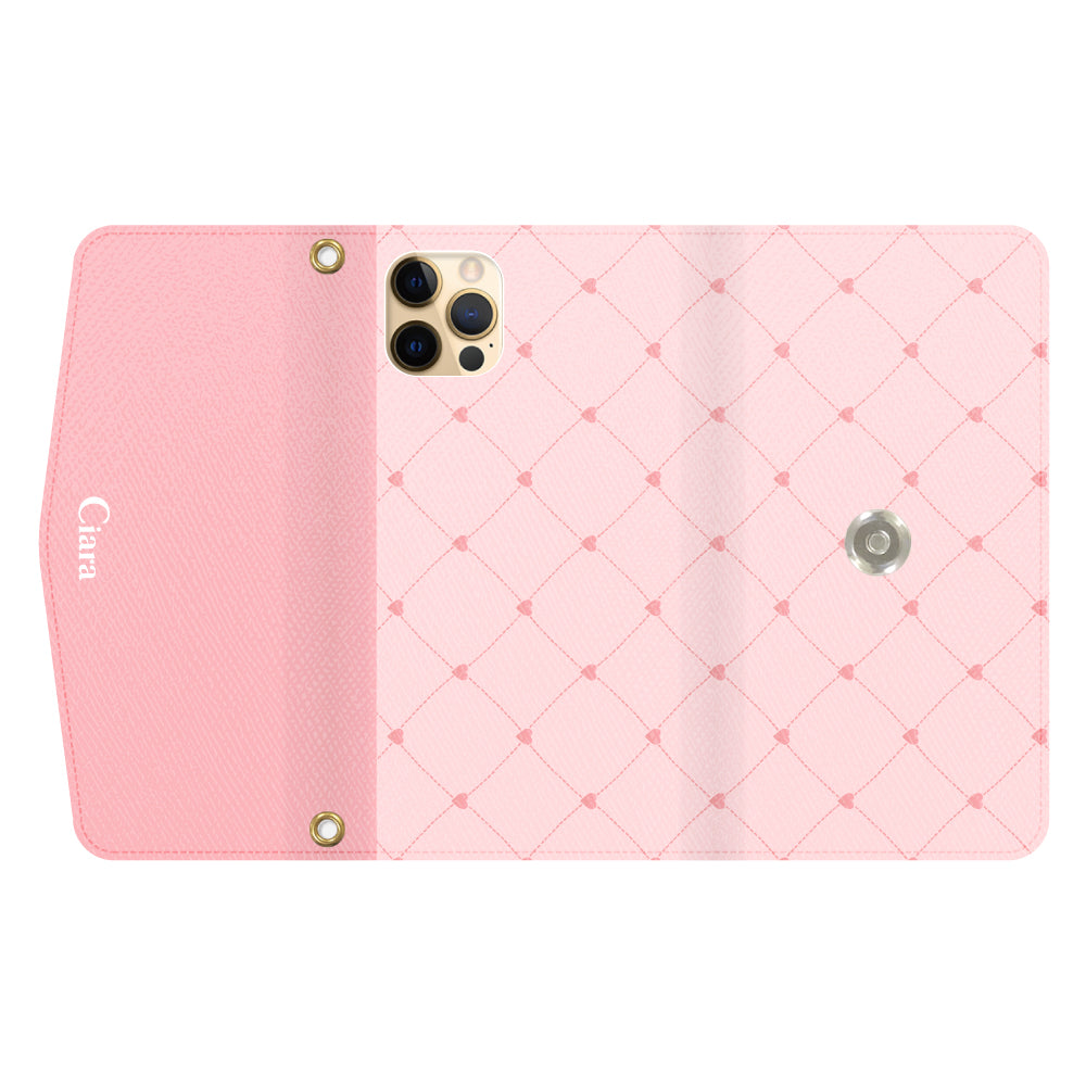 iPhone11ProMaxケース 手帳型カード収納レザーケース ハートキルティング ピンク