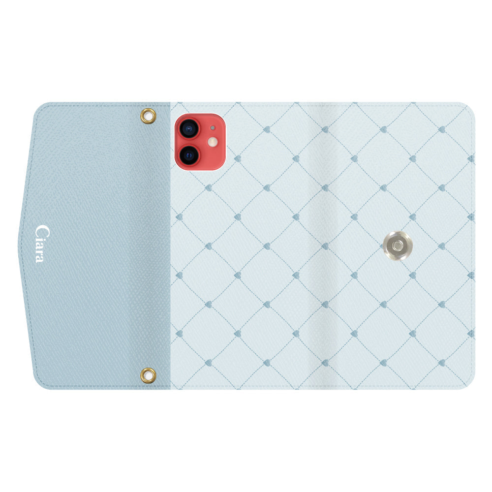 iPhone11ケース 手帳型カード収納レザーケース ハートキルティング ブルー