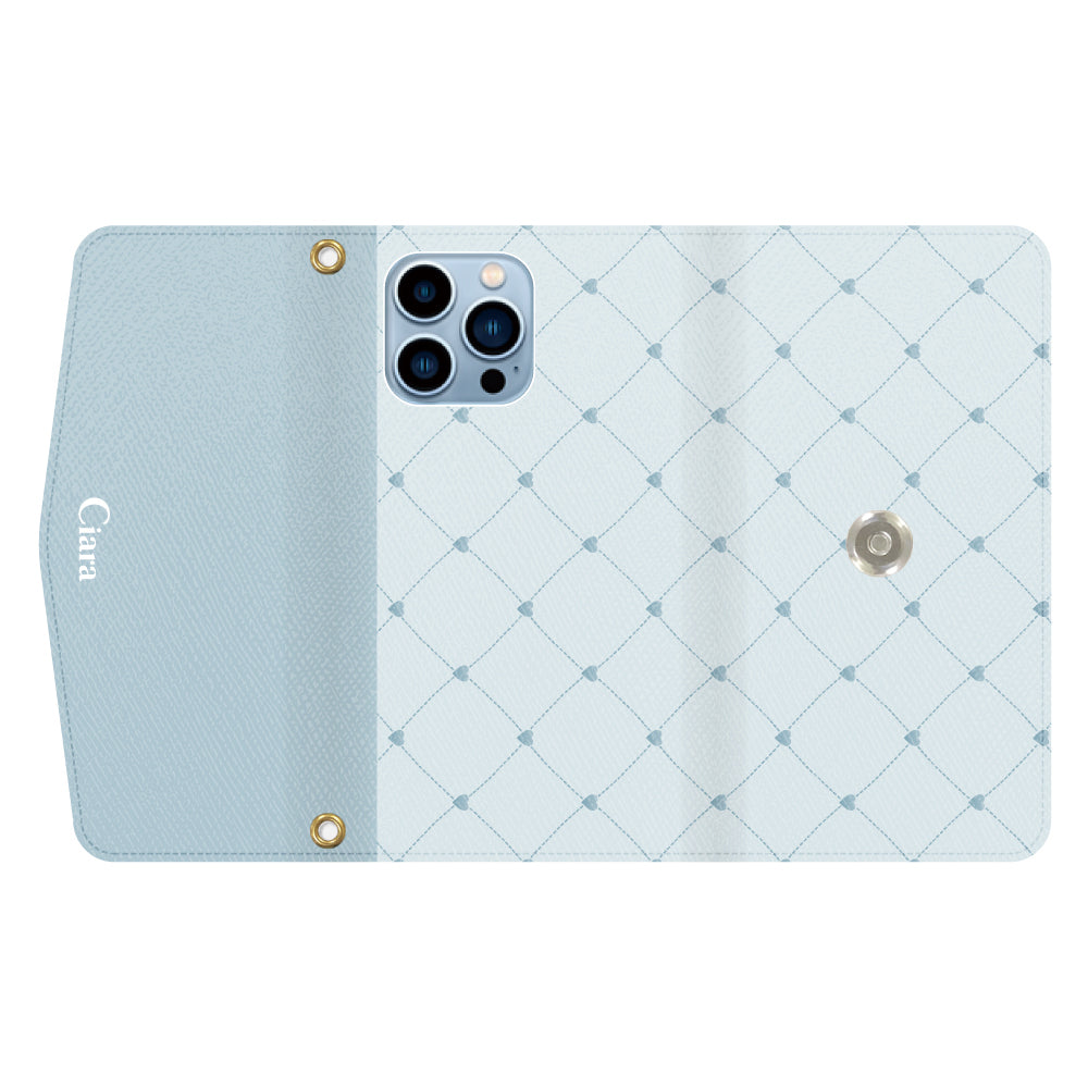 iPhone13ProMaxケース 手帳型カード収納レザーケース ハートキルティング ブルー