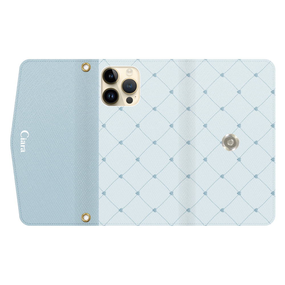 iPhone14Proケース 手帳型カード収納レザーケース ハートキルティング ブルー