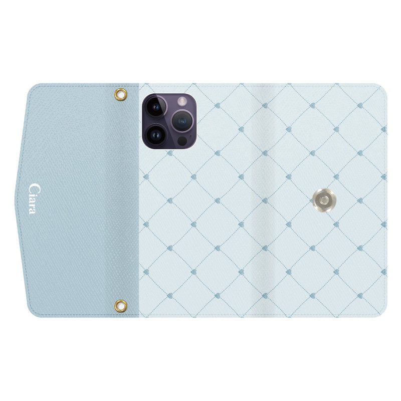 iPhoneケース カード収納 ミラー ストラップ付き レザー 三つ折り 手帳型ケース ハートキルティング