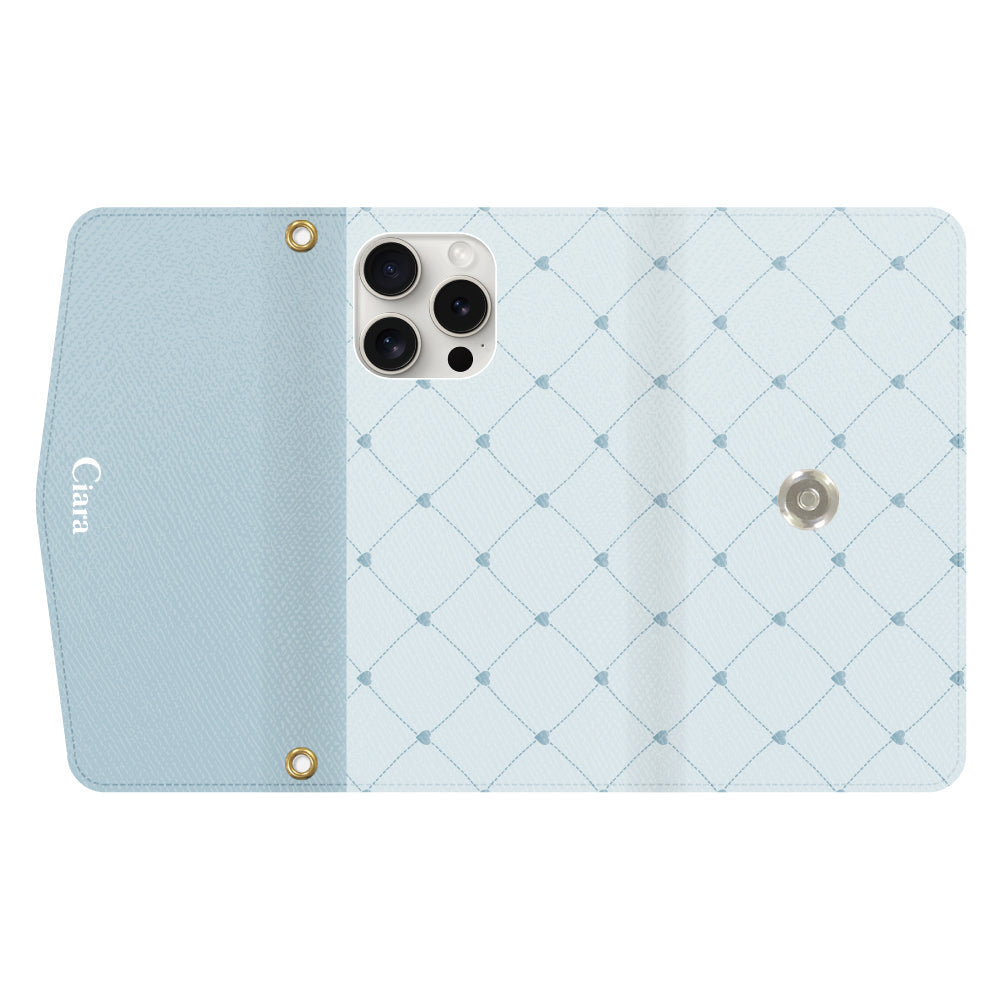 iPhone15ProMaxケース 手帳型カード収納レザーケース ハートキルティング ブルー