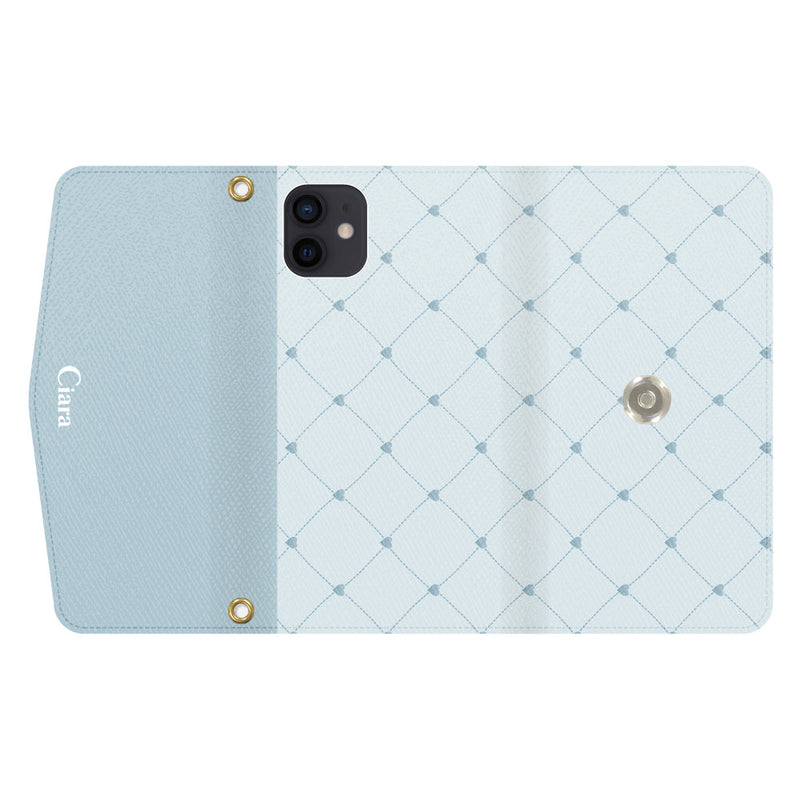 iPhoneケース カード収納 ミラー ストラップ付き レザー 三つ折り 手帳型ケース ハートキルティング