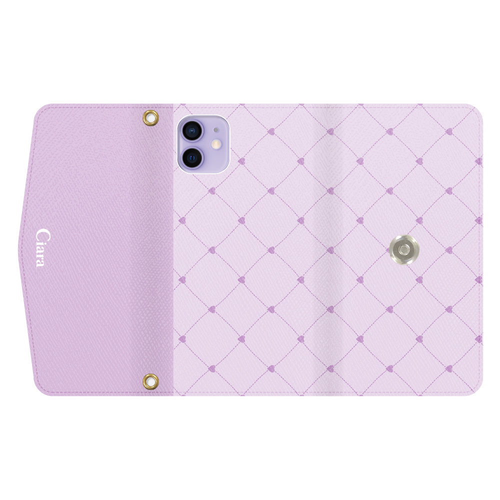 iPhone12/12Proケース 手帳型カード収納レザーケース ハートキルティング パープル