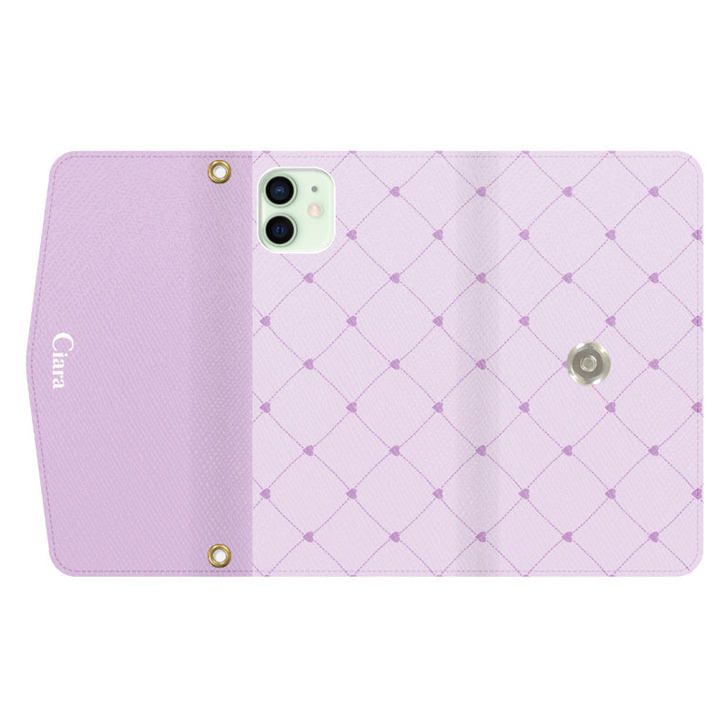 iPhoneケース カード収納 ミラー ストラップ付き レザー 三つ折り 手帳型ケース ハートキルティング