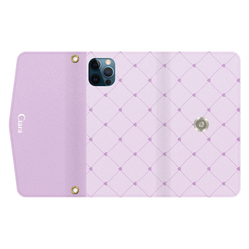 iPhoneケース カード収納 ミラー ストラップ付き レザー 三つ折り 手帳型ケース ハートキルティング