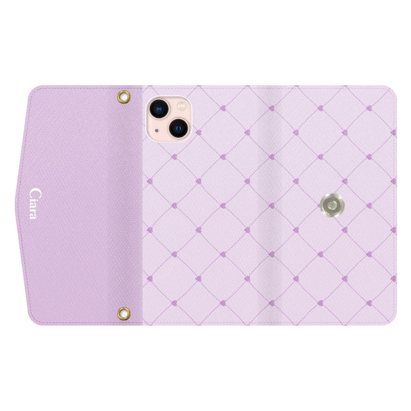 iPhoneケース カード収納 ミラー ストラップ付き レザー 三つ折り 手帳型ケース ハートキルティング