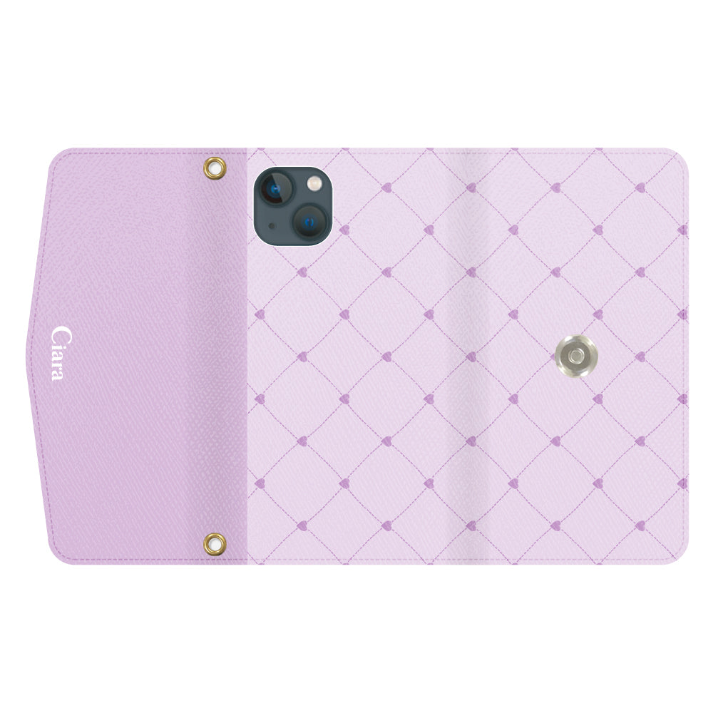 iPhone13miniケース 手帳型カード収納レザーケース ハートキルティング パープル