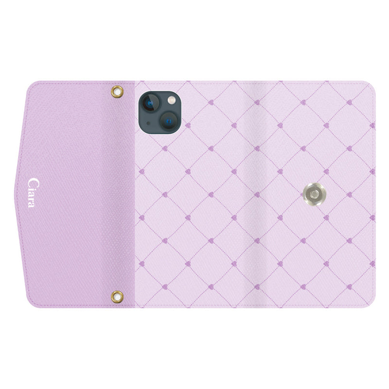 iPhoneケース カード収納 ミラー ストラップ付き レザー 三つ折り 手帳型ケース ハートキルティング