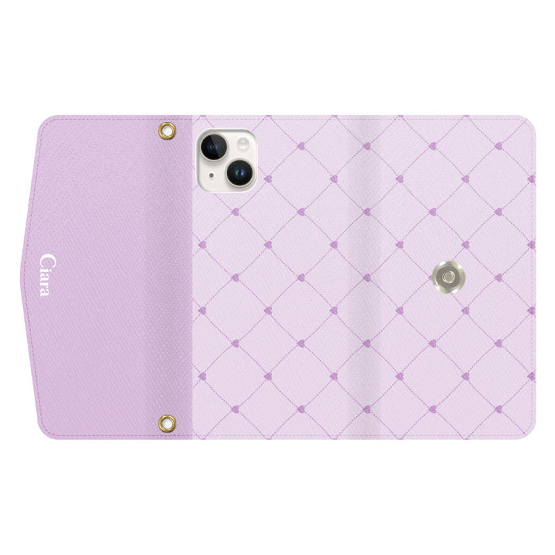 iPhoneケース カード収納 ミラー ストラップ付き レザー 三つ折り 手帳型ケース ハートキルティング