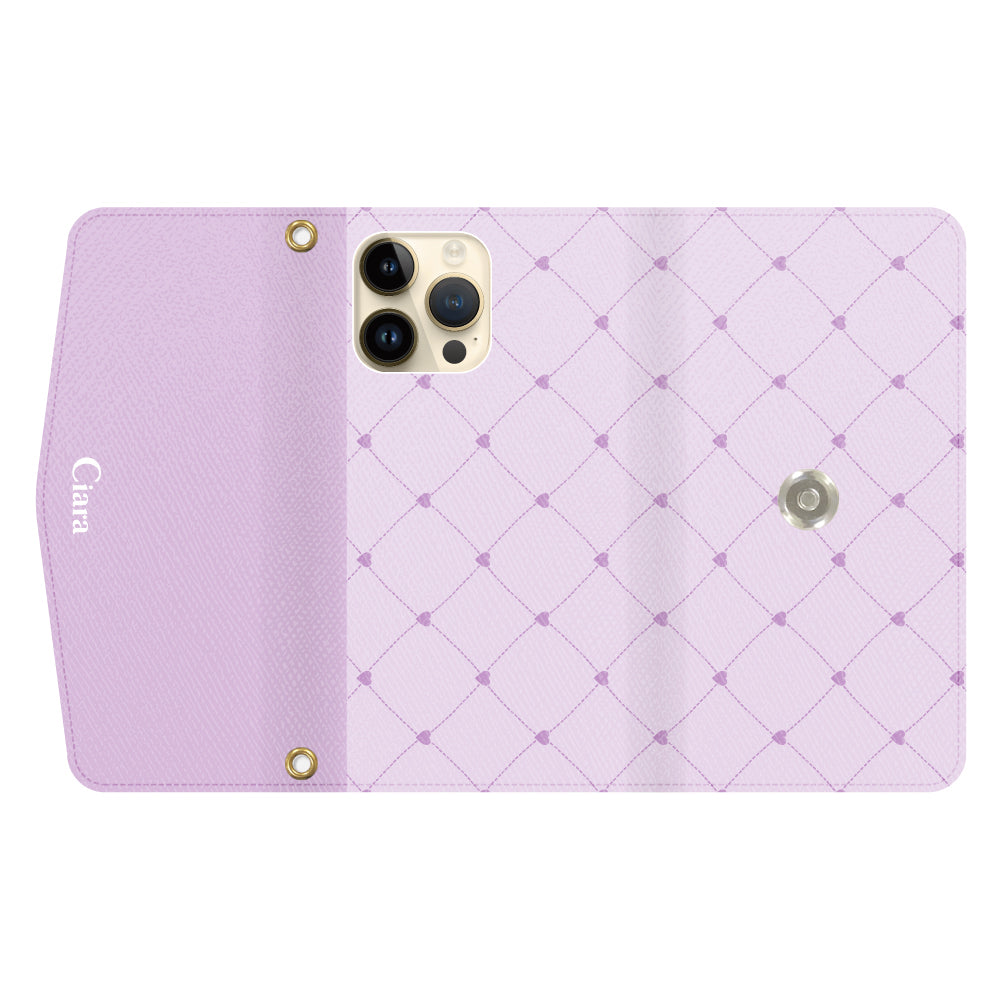 iPhone14Proケース 手帳型カード収納レザーケース ハートキルティング パープル