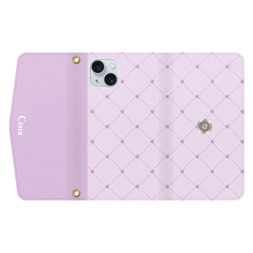 iPhone15Plusケース 手帳型カード収納レザーケース ハートキルティング パープル