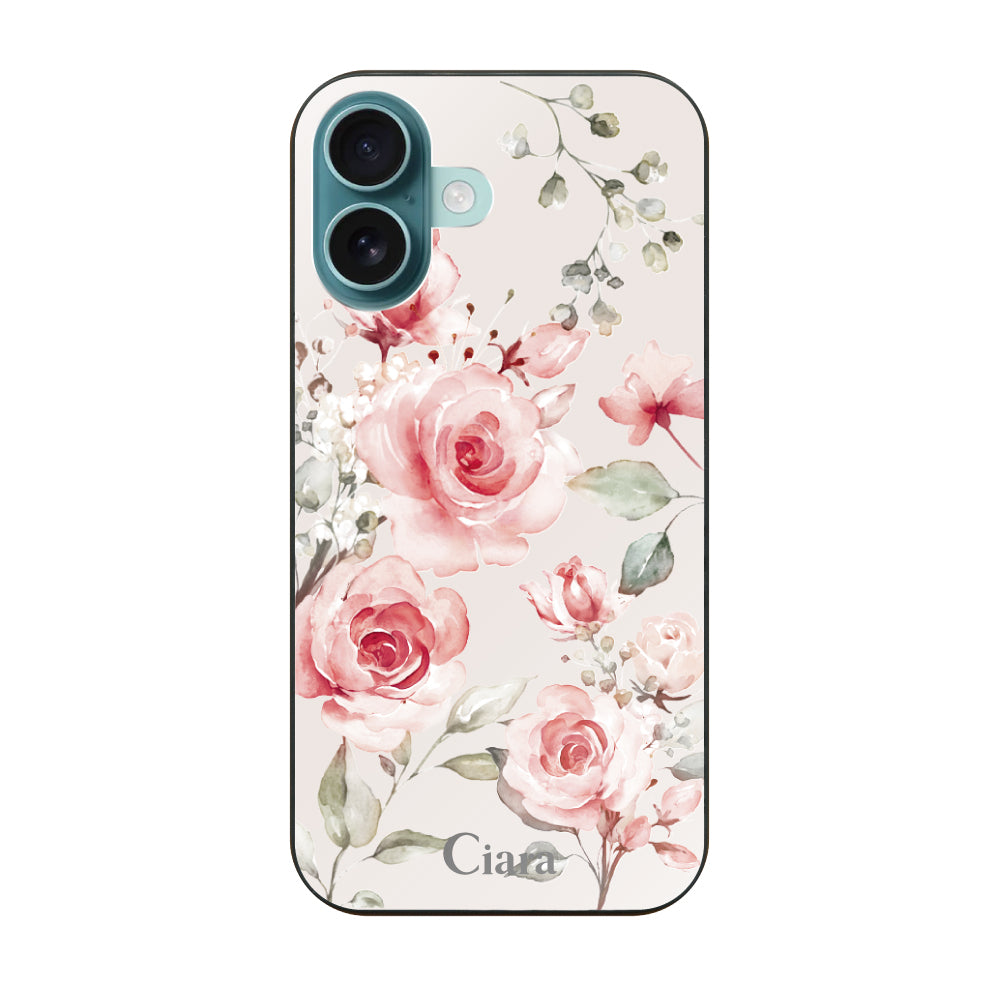 iPhone16Plus ガラス 強化ガラスケース スプリンクルフラワー ピンク