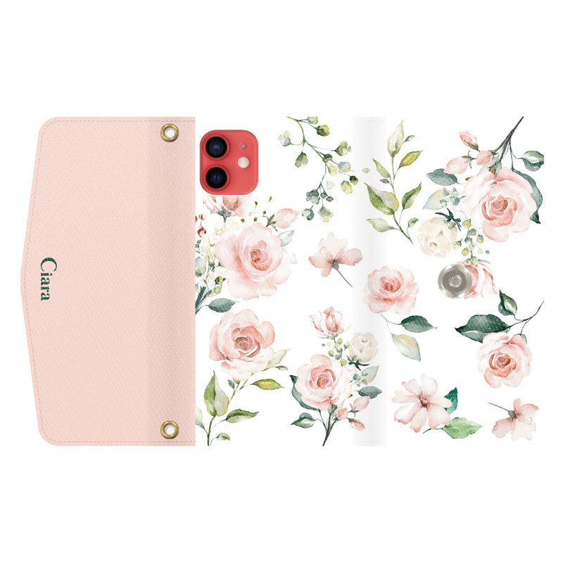iPhoneケース カード収納 ミラー ストラップ付き レザー 三つ折り 手帳型ケース スプリンクルフラワー