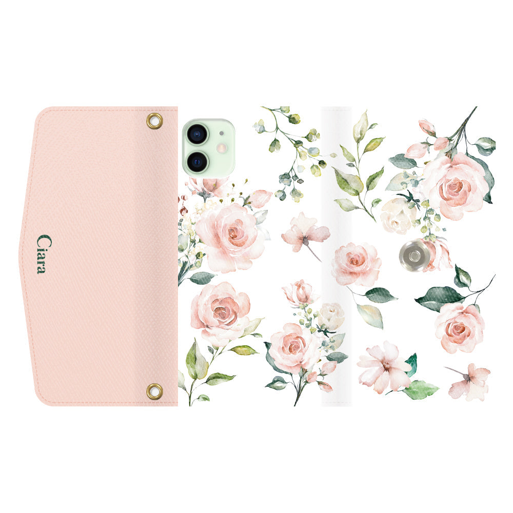 iPhone12miniケース 手帳型カード収納レザーケース スプリンクルフラワー ピンク