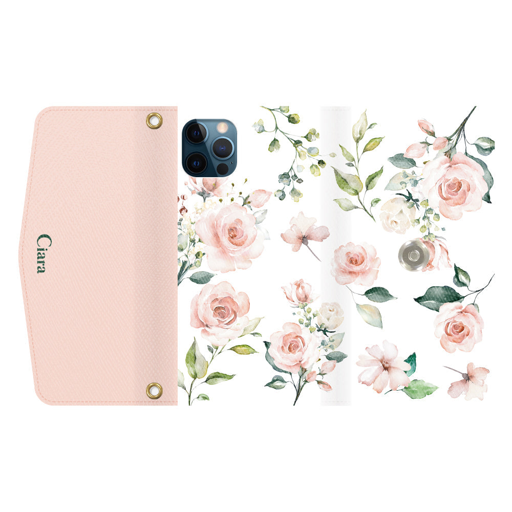 iPhone12ProMaxケース 手帳型カード収納レザーケース スプリンクルフラワー ピンク