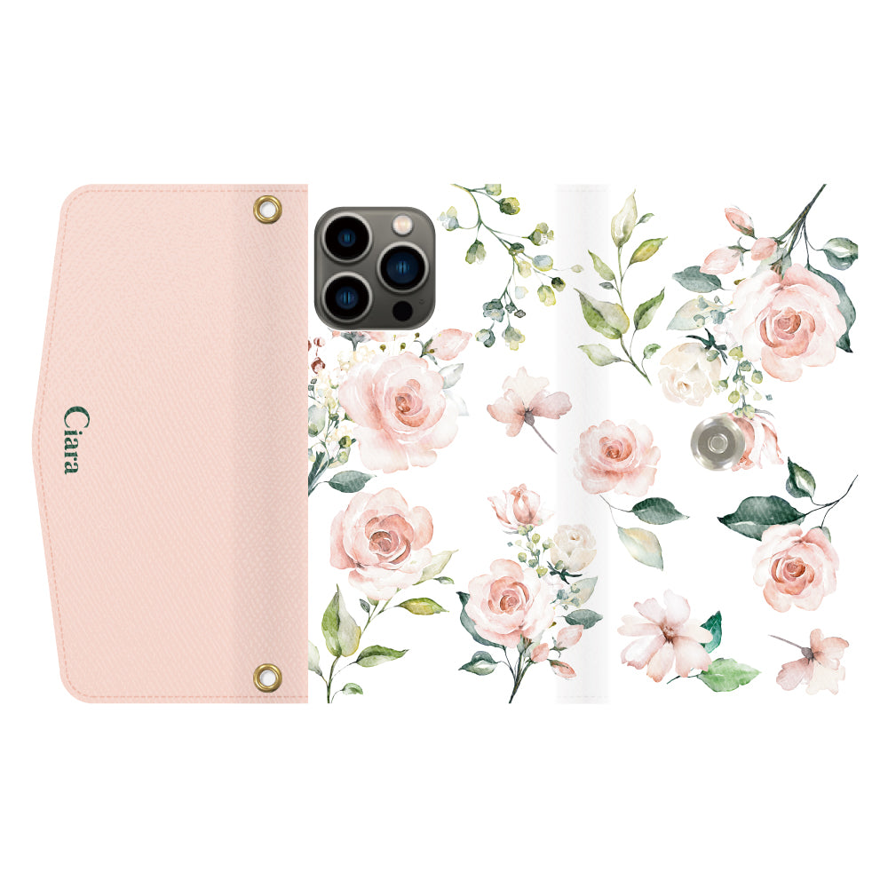 iPhone13Proケース 手帳型カード収納レザーケース スプリンクルフラワー ピンク