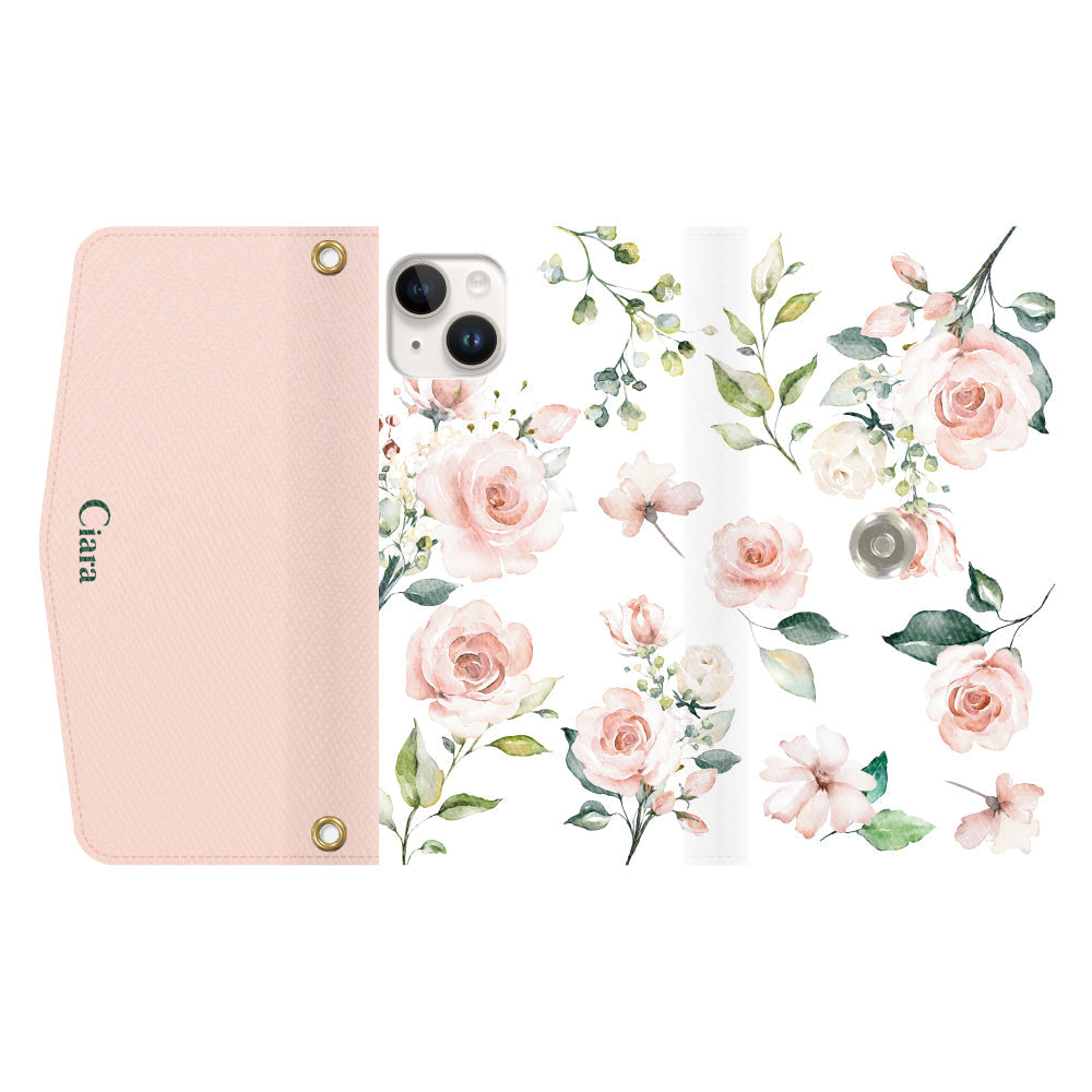 iPhone14ケース 手帳型カード収納レザーケース スプリンクルフラワー ピンク