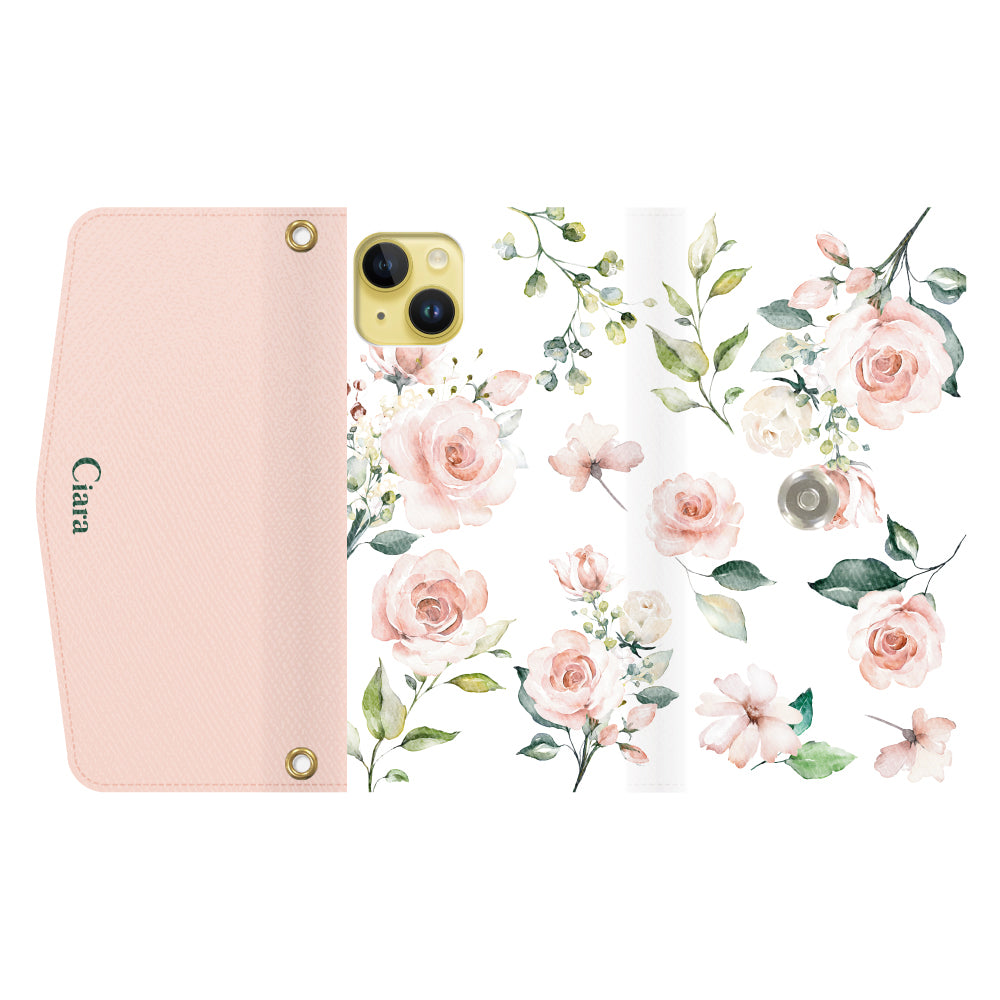 iPhone14Plusケース 手帳型カード収納レザーケース スプリンクルフラワー ピンク