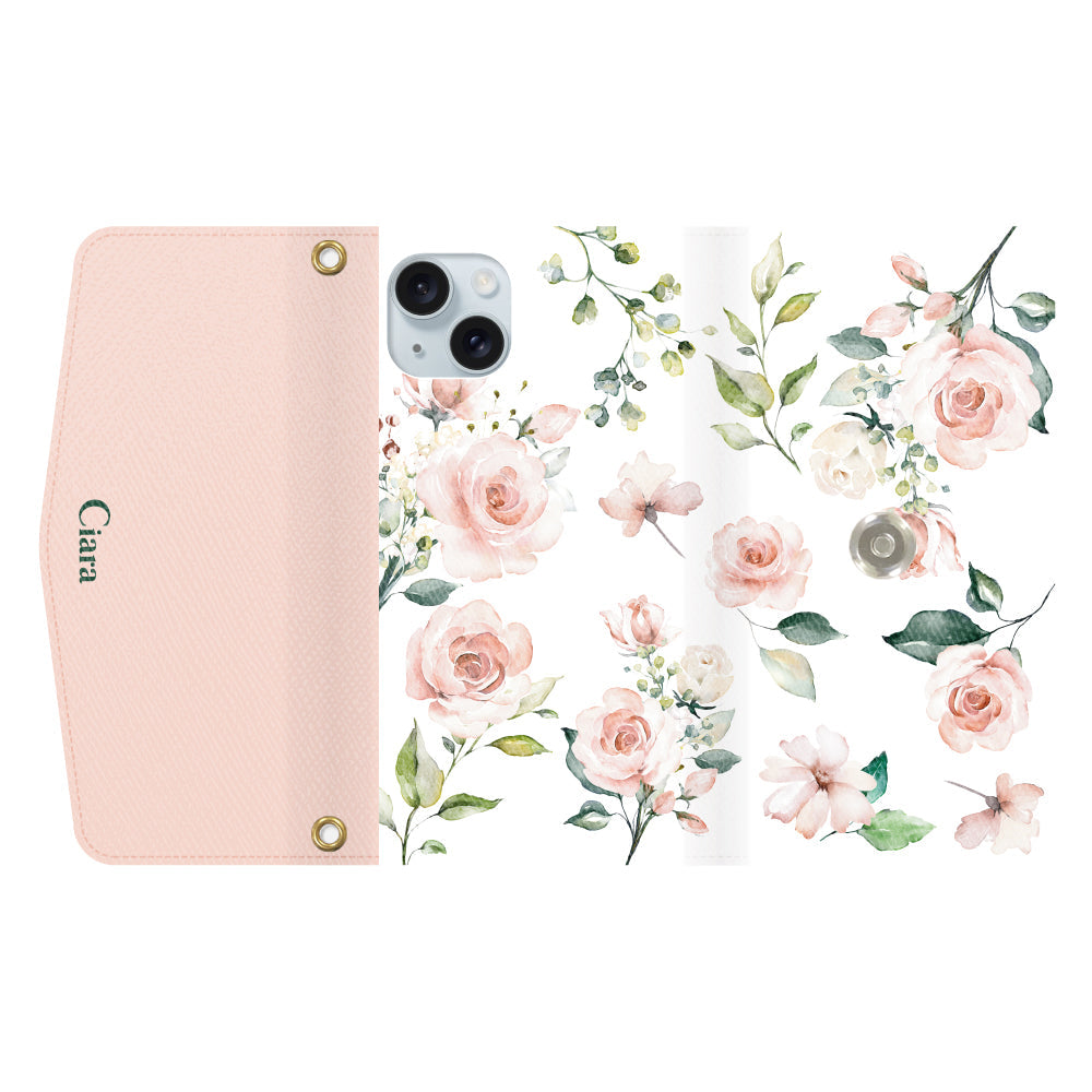 iPhone15Plusケース 手帳型カード収納レザーケース スプリンクルフラワー ピンク