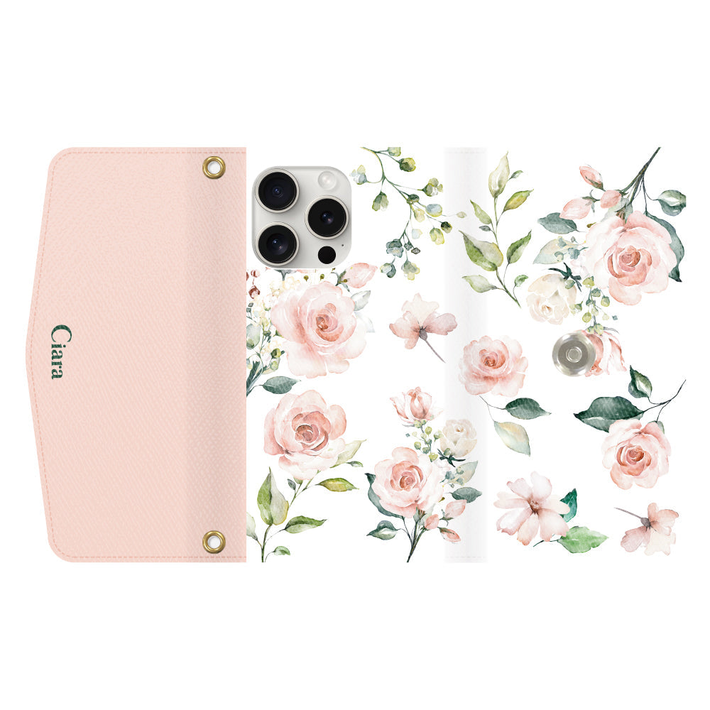 iPhone15ProMaxケース 手帳型カード収納レザーケース スプリンクルフラワー ピンク