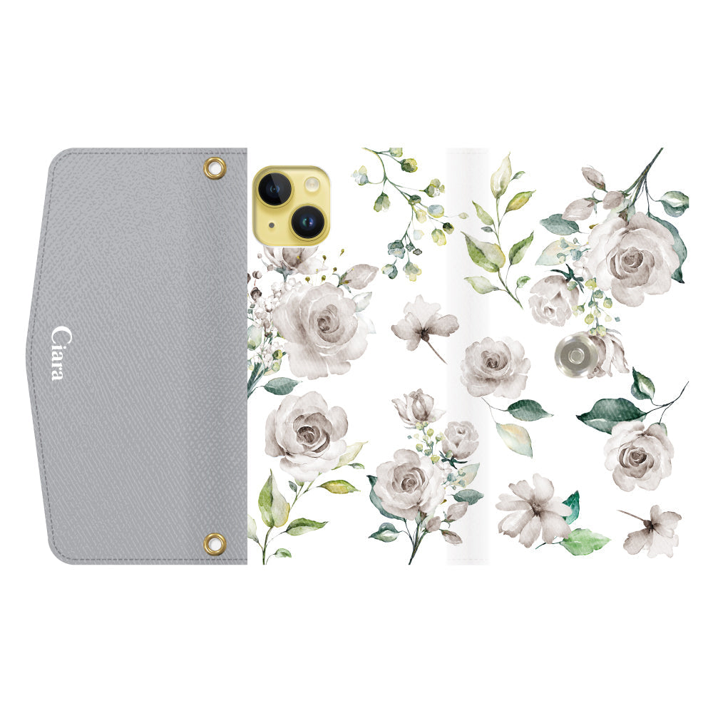 iPhone14Plusケース 手帳型カード収納レザーケース スプリンクルフラワー イエロー