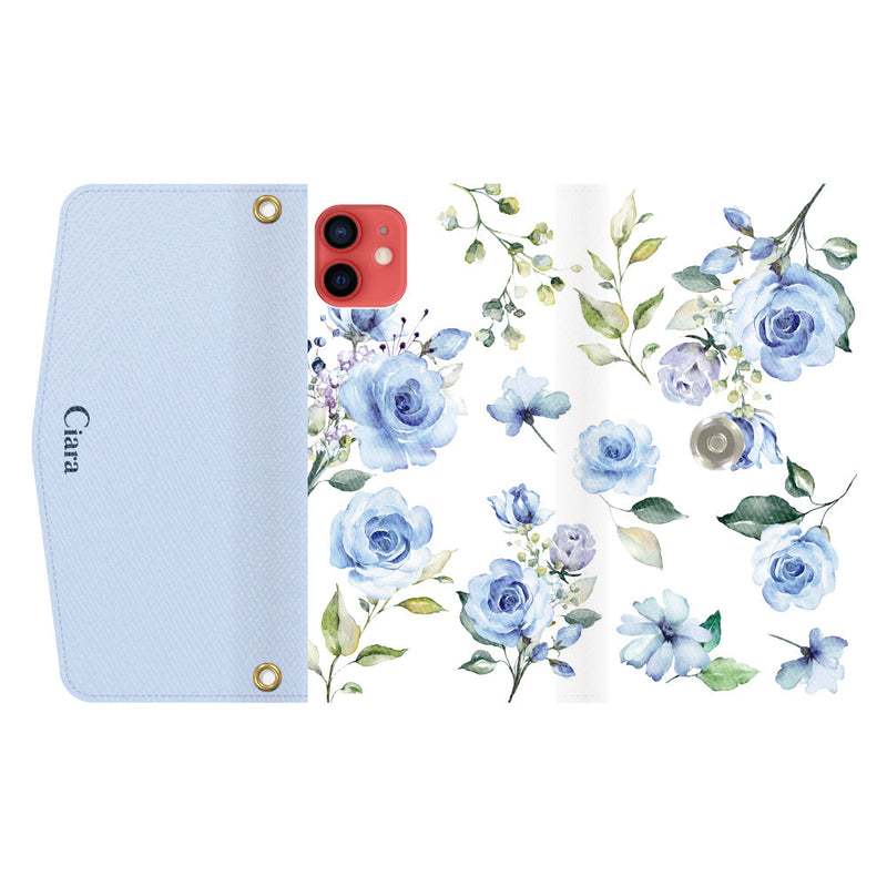 iPhoneケース カード収納 ミラー ストラップ付き レザー 三つ折り 手帳型ケース スプリンクルフラワー