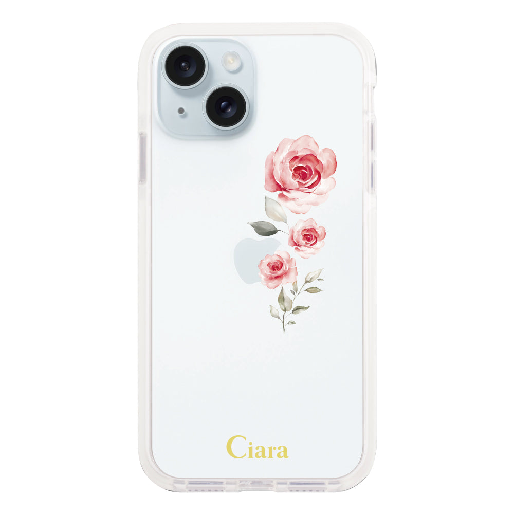 iPhone15Plus クッションバンパー 耐衝撃クリアケース ヴァーティカルフラワー ピンク
