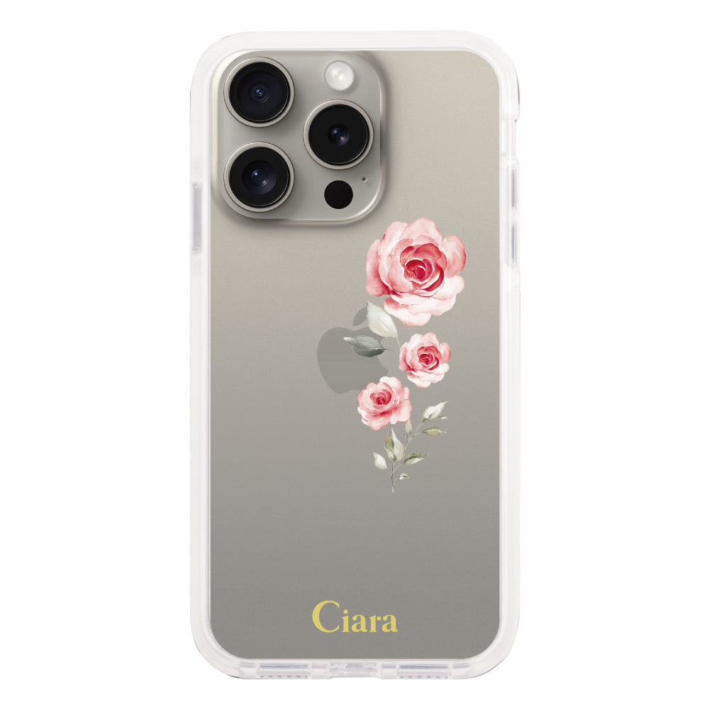 iPhone15Pro クッションバンパー 耐衝撃クリアケース ヴァーティカルフラワー ピンク