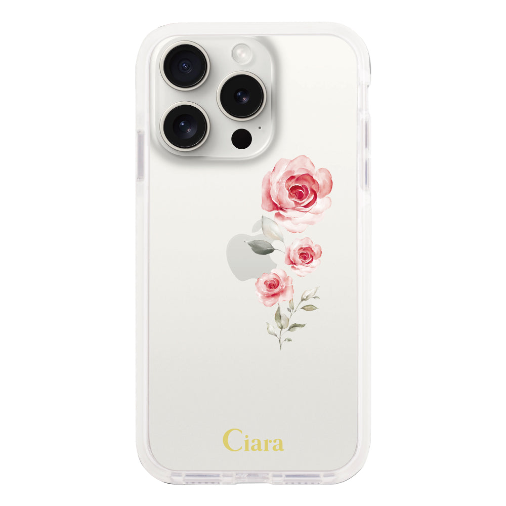 iPhone15ProMax クッションバンパー 耐衝撃クリアケース ヴァーティカルフラワー ピンク