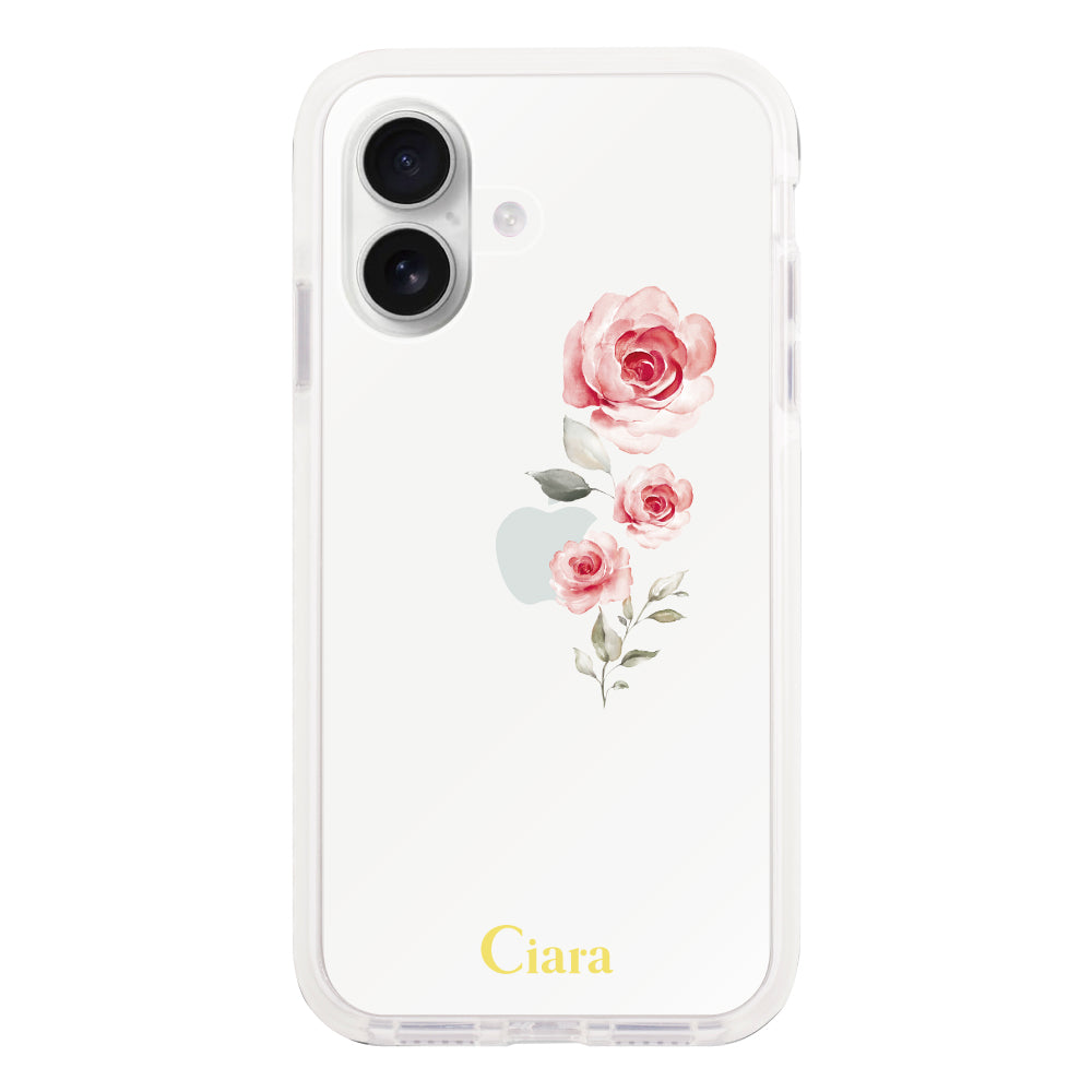 iPhone16 クッションバンパー 耐衝撃クリアケース ヴァーティカルフラワー ピンク