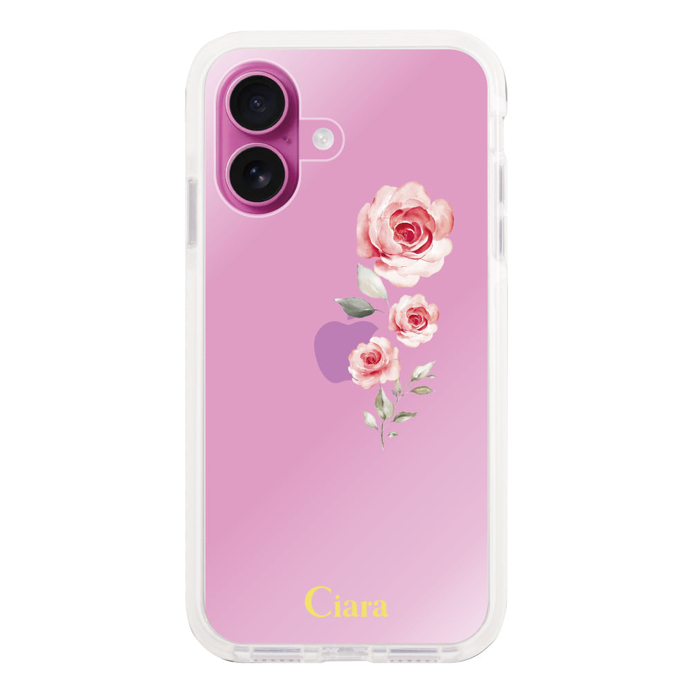 iPhone16Plus クッションバンパー 耐衝撃クリアケース ヴァーティカルフラワー ピンク