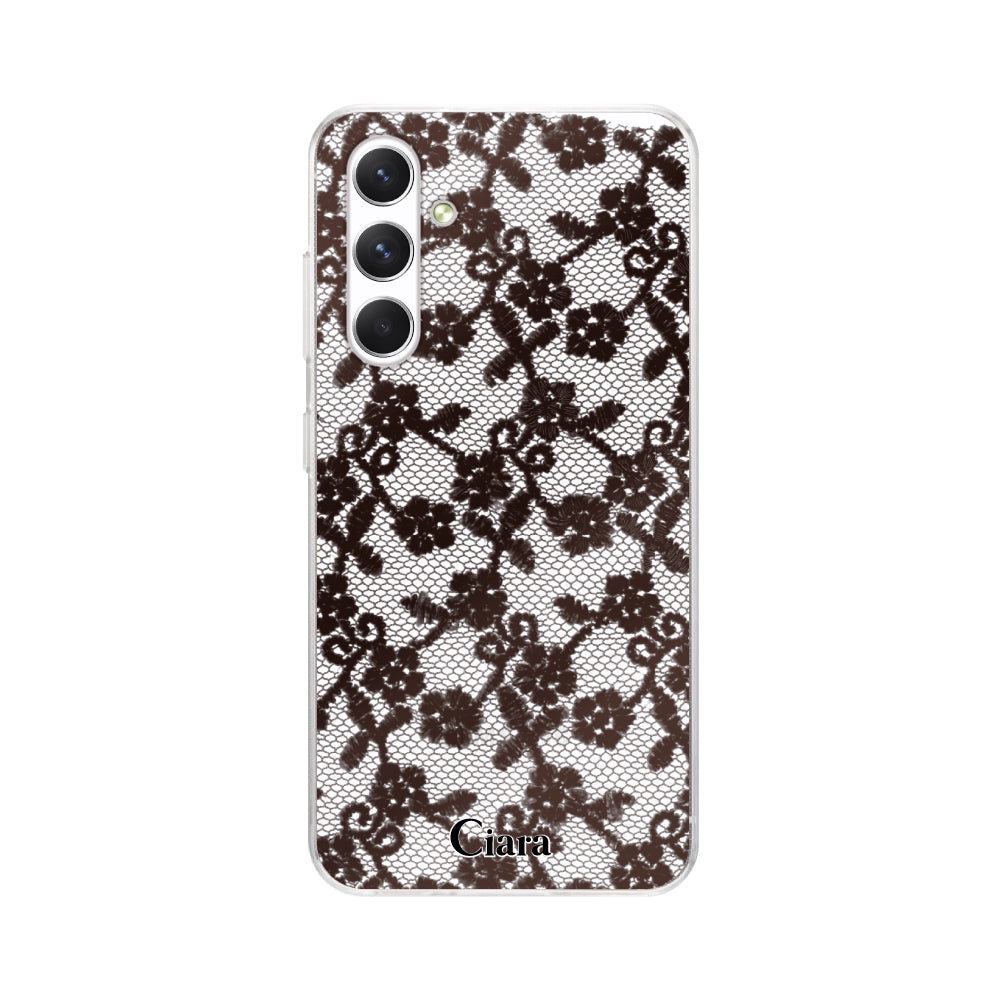 GalaxyA54ケース クリアケース ファブリックスモールフラワーレース ブラック