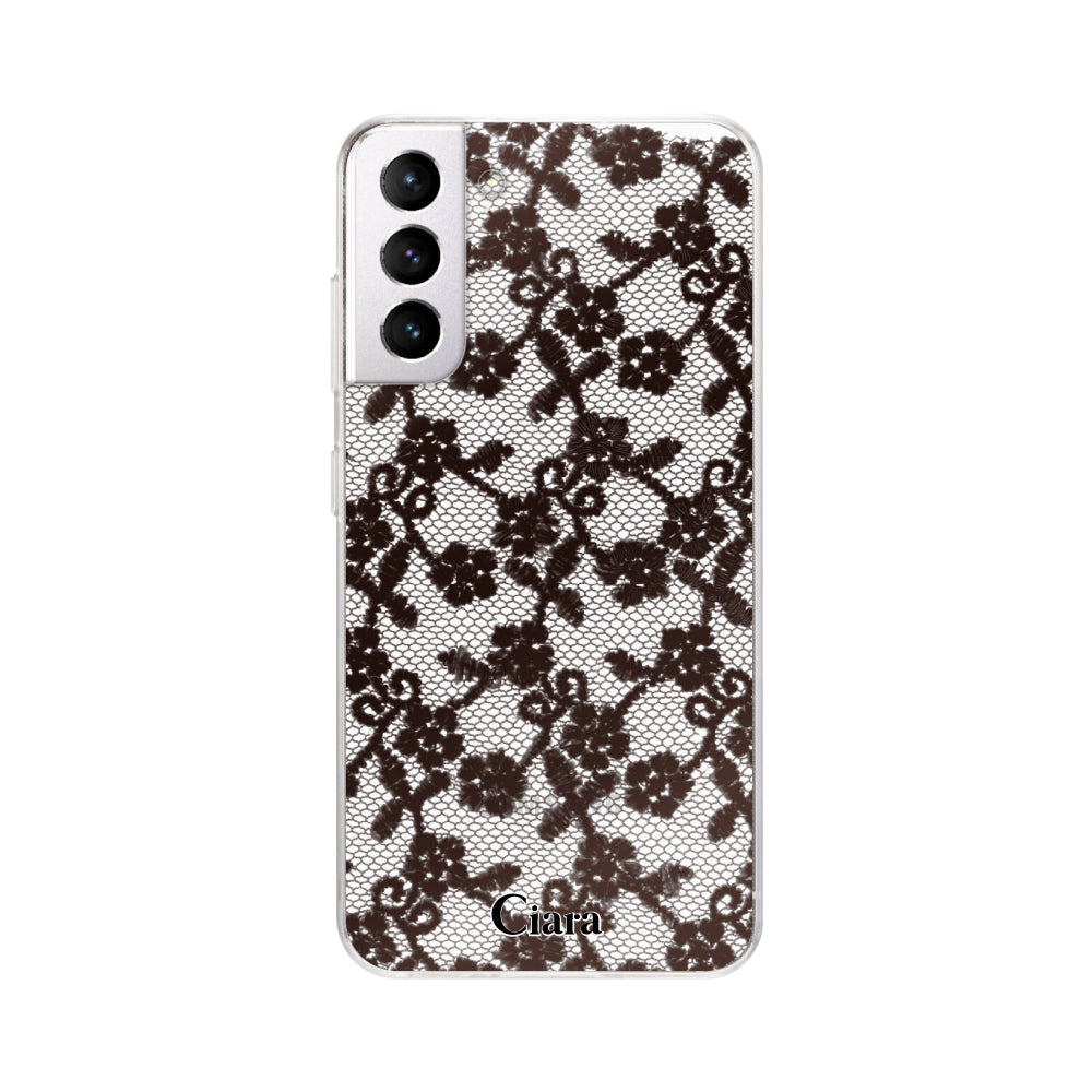 GalaxyS21ケース クリアケース ファブリックスモールフラワーレース ブラック