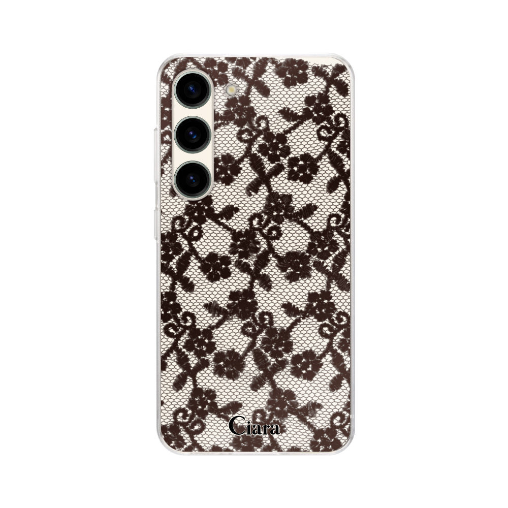 GalaxyS23ケース クリアケース ファブリックスモールフラワーレース ブラック