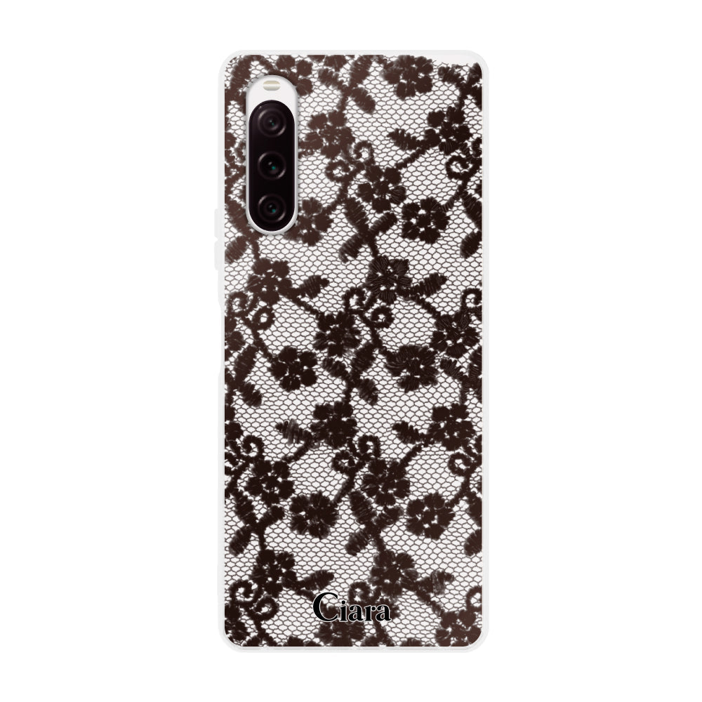 Xperia10Ⅲケース クリアケース ファブリックスモールフラワーレース ブラック