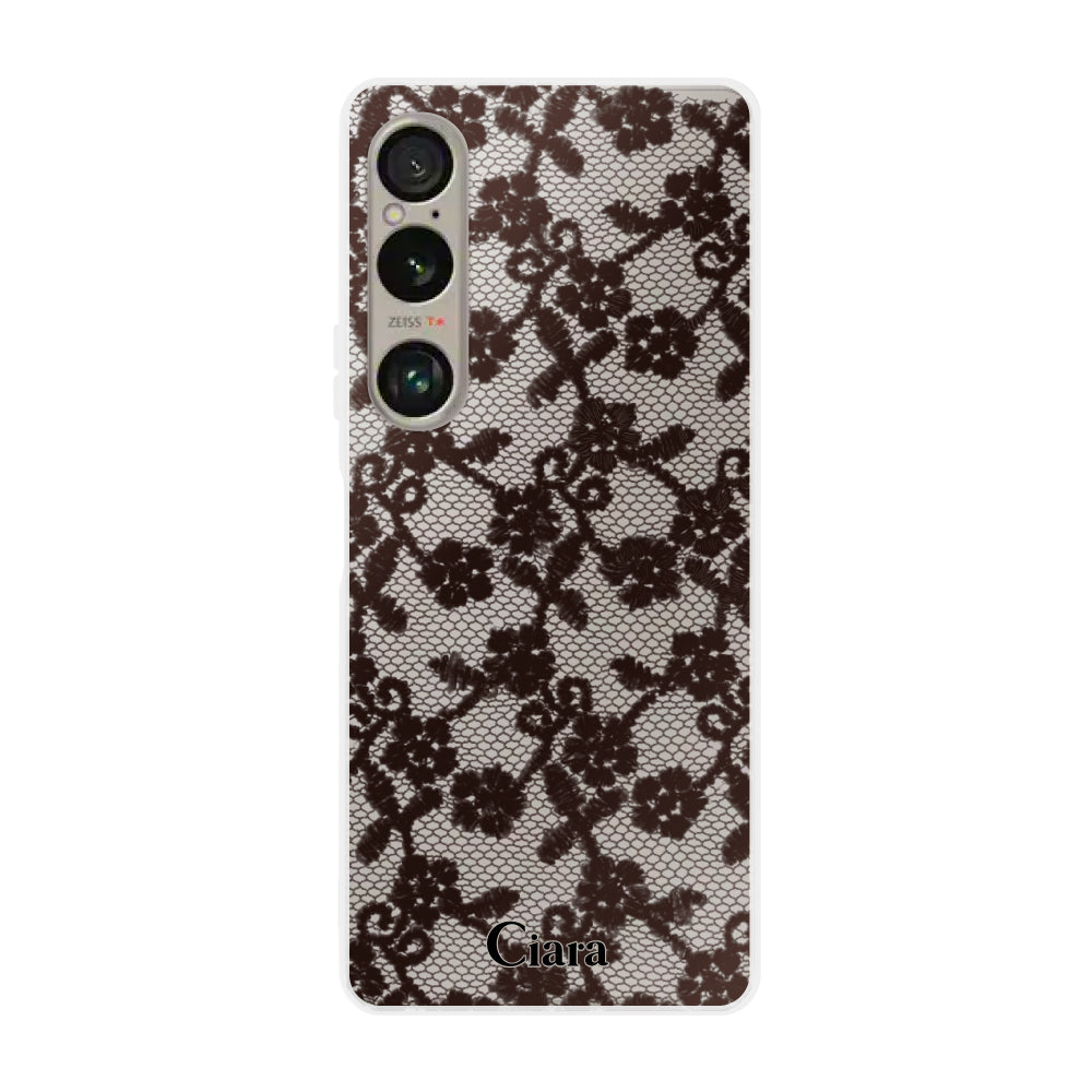 Xperia1VIケース クリアケース ファブリックスモールフラワーレース ブラック