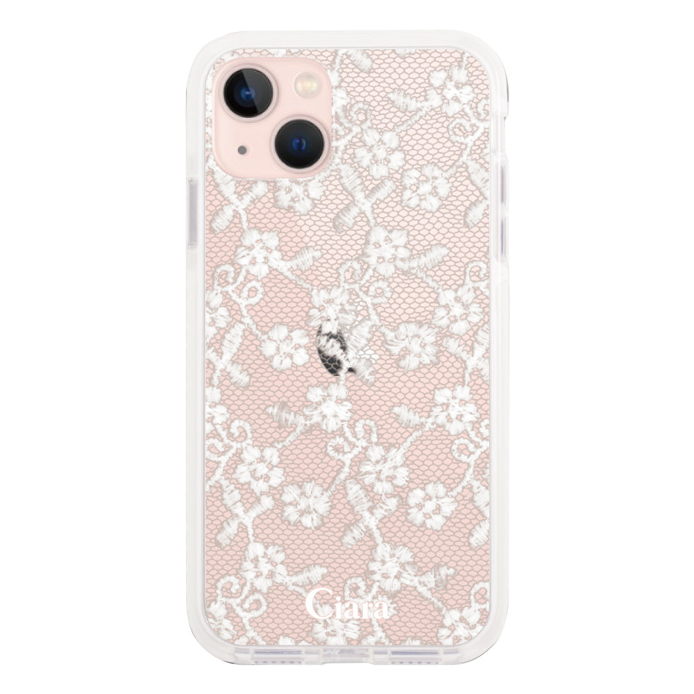 iPhone13 クッションバンパー 耐衝撃クリアケース ファブリックスモールフラワーレース ホワイト