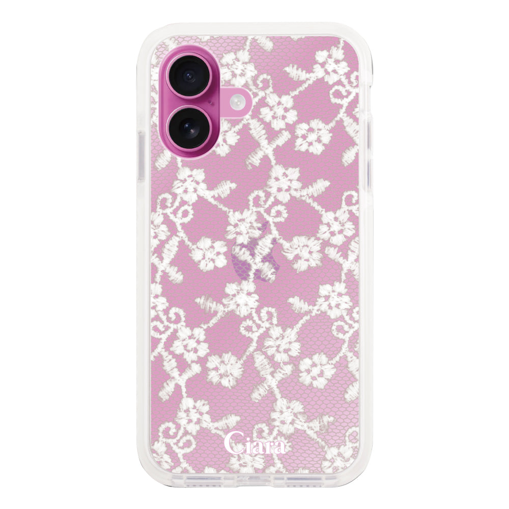 iPhone16Plus クッションバンパー 耐衝撃クリアケース ファブリックスモールフラワーレース ホワイト