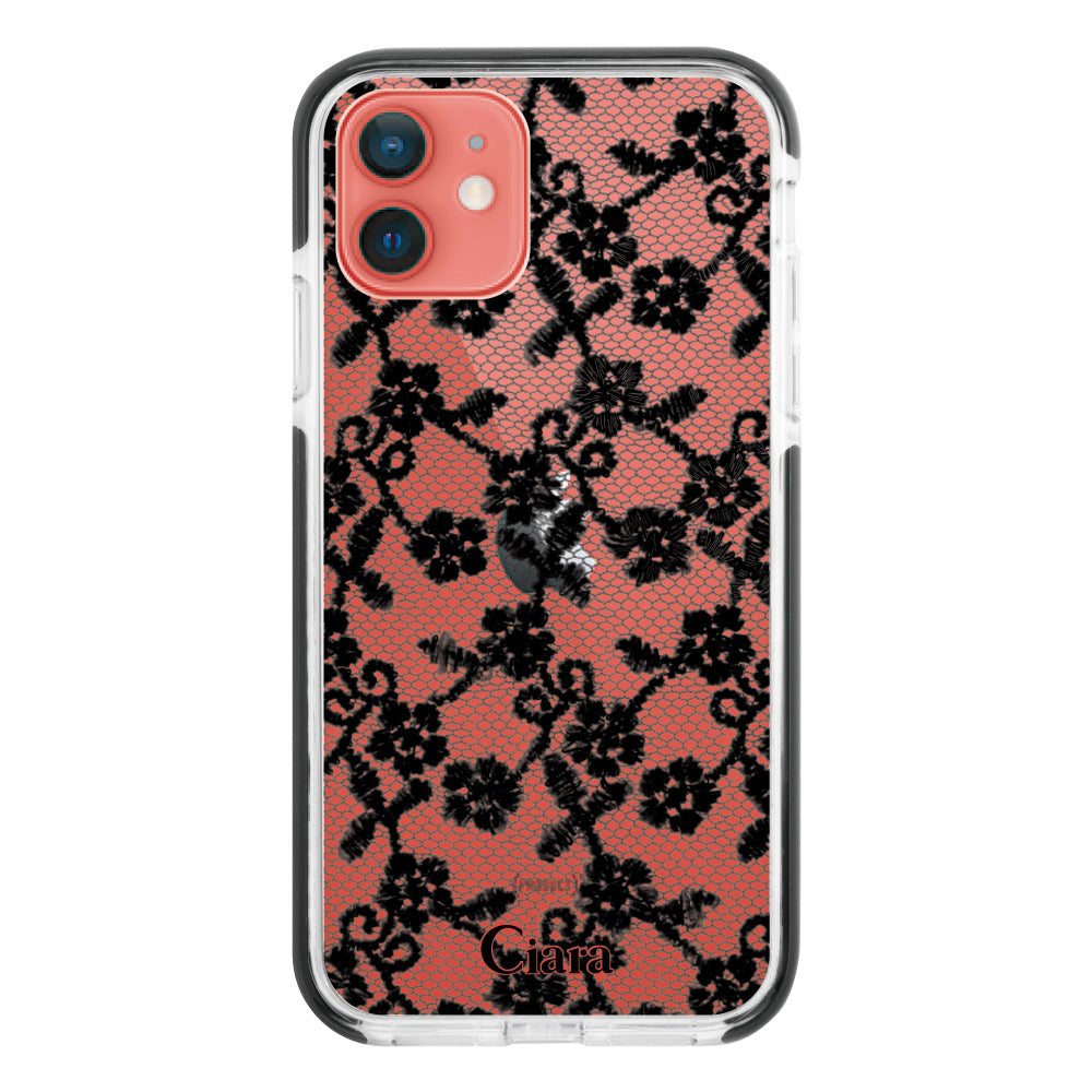 iPhone11 クッションバンパー 耐衝撃クリアケース ファブリックスモールフラワーレース ブラック