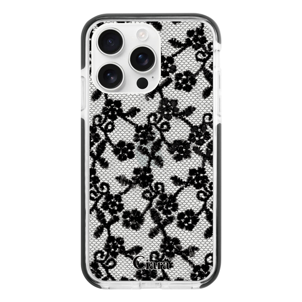 iPhone16ProMax クッションバンパー 耐衝撃クリアケース ファブリックスモールフラワーレース ブラック