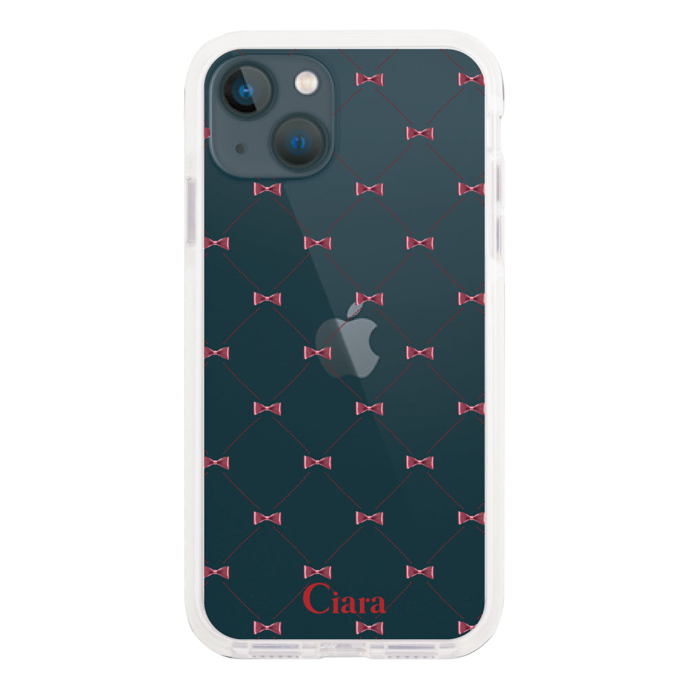 iPhone13miniケース クッションバンパー 耐衝撃クリアケース キルティングリボン レッド