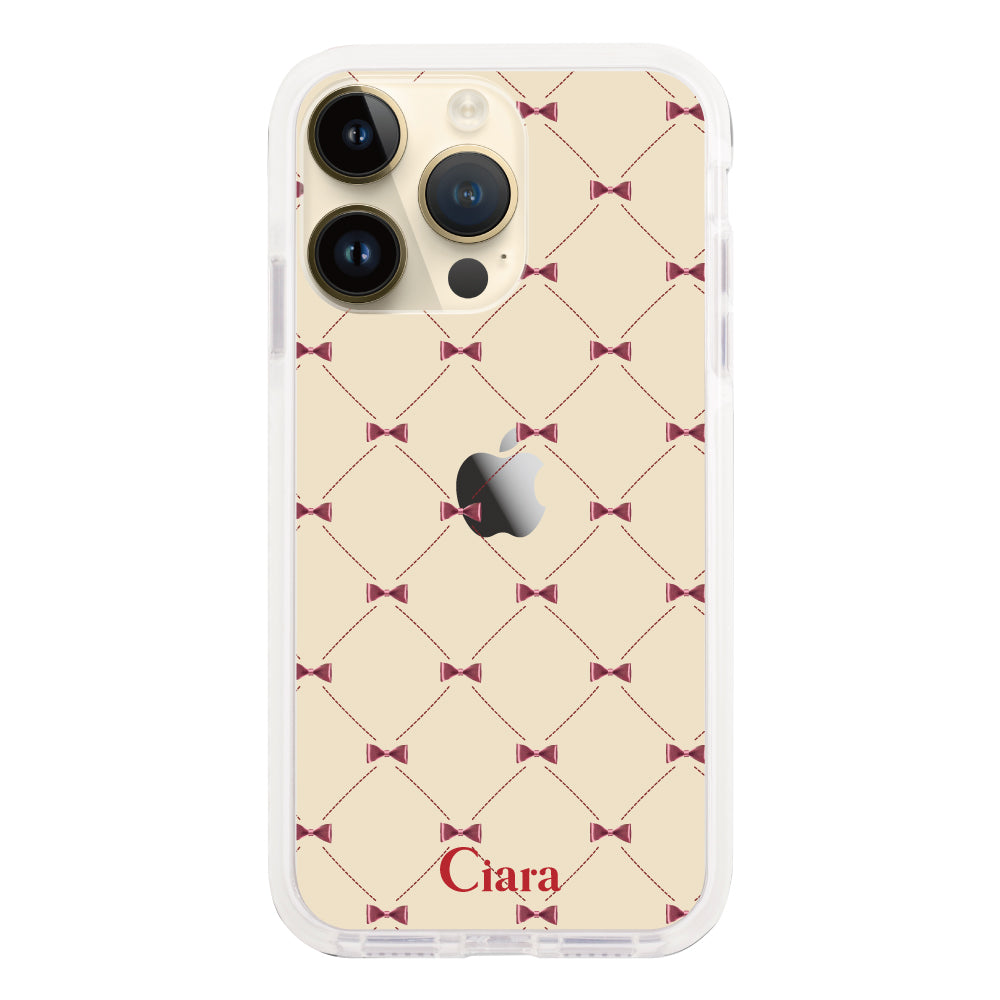 iPhone14Pro クッションバンパー 耐衝撃クリアケース キルティングリボン レッド