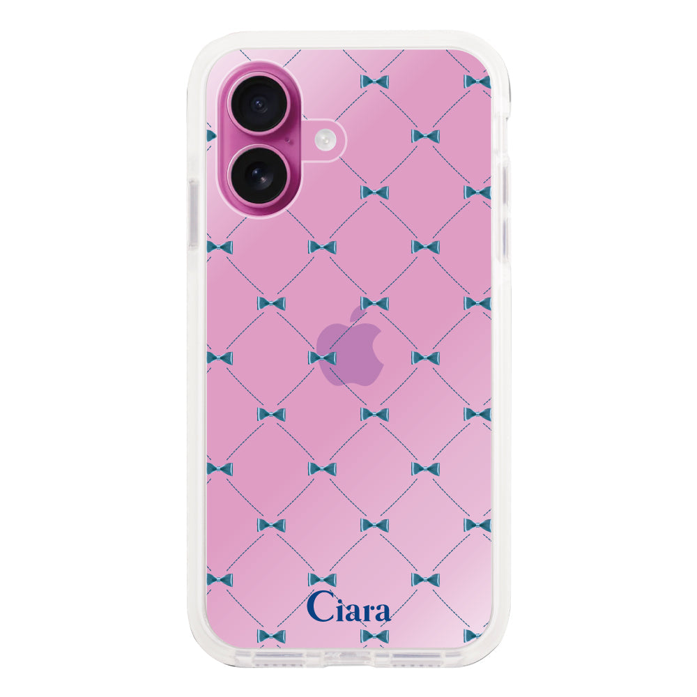 iPhone16Plusケース クッションバンパー 耐衝撃クリアケース キルティングリボン ブルー