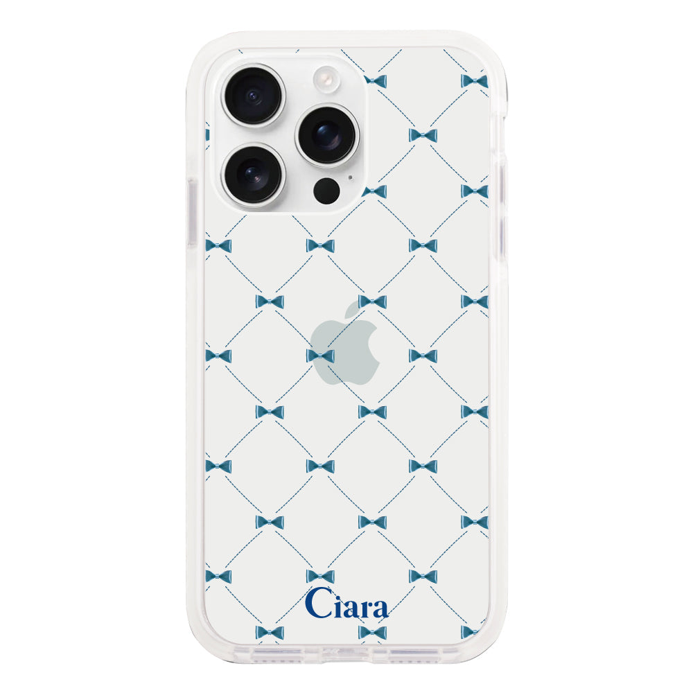 iPhone16ProMaxケース クッションバンパー 耐衝撃クリアケース キルティングリボン ブルー