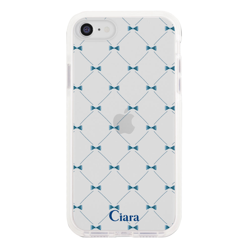 iPhone7/8/SE2/SE3 クッションバンパー 耐衝撃クリアケース キルティングリボン ブルー