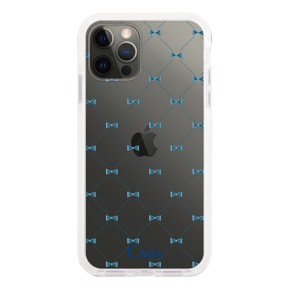 iPhoneX/XS クッションバンパー 耐衝撃クリアケース キルティングリボン ブルー