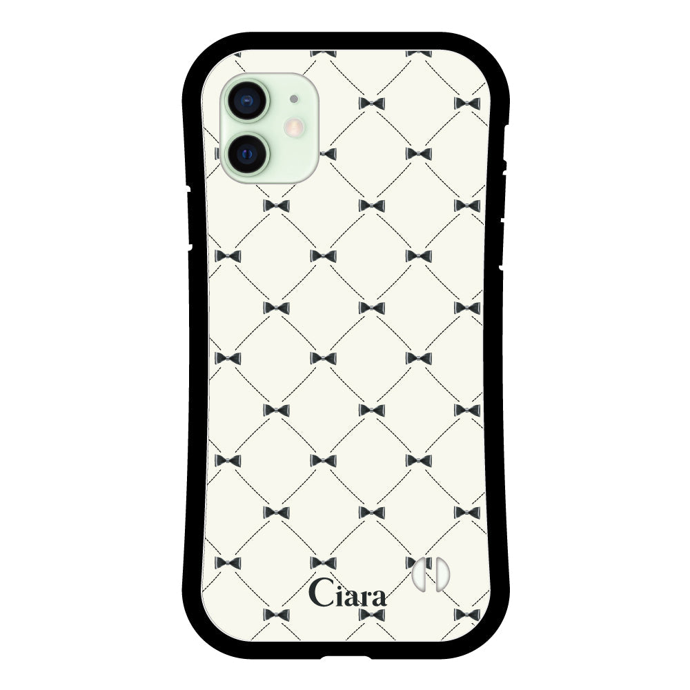 iPhone12miniケース グリップ 耐衝撃ケース キルティングリボン ブラック